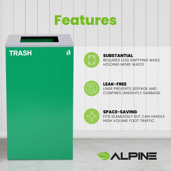 Square Recycling Bin, 29 Gallons, Green Can, Square Opening Lid, For Trash